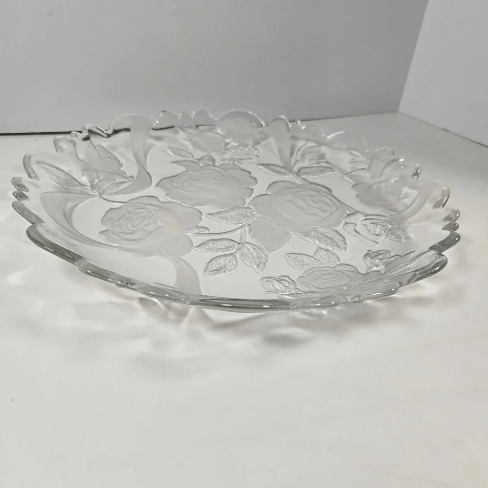 Laura Glass Rose Garden Platter 14 inch Clear Frosted Floral Serving Tray